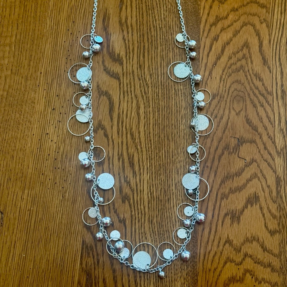 Long Silver Charm Necklace 36” Boho Layering Statement Piece